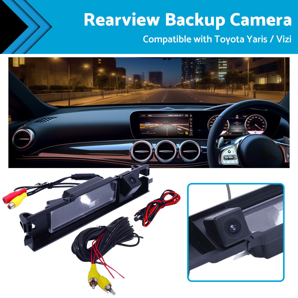 Car reverse backup camera for Toyota Yaris with wiring cables and mounting accessories.