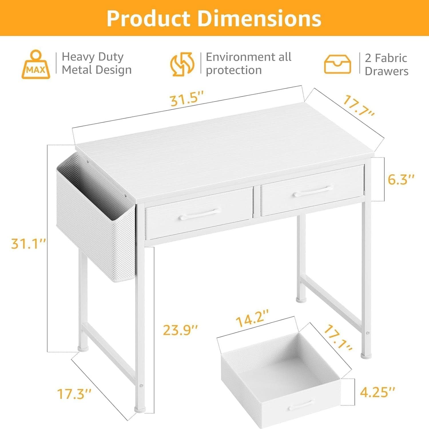 Compact white 32-inch vanity desk with two fabric storage drawers and a side organizational pouch — view 2