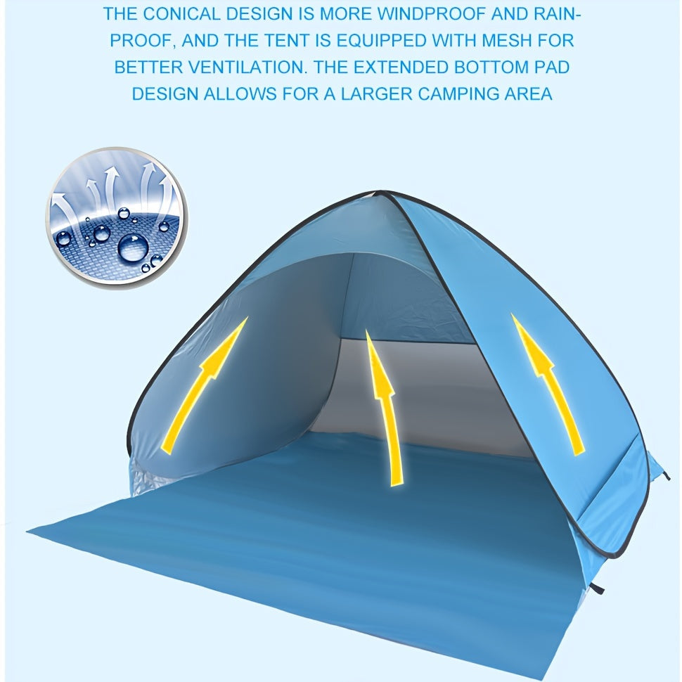 Blue automatic pop up beach tent with zippered closure and carrying bag for outdoor sun protection — view 2