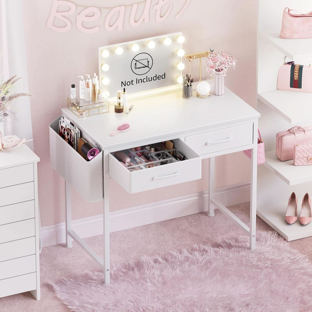 Compact white 32-inch vanity desk with two fabric storage drawers and a side organizational pouch — view 4