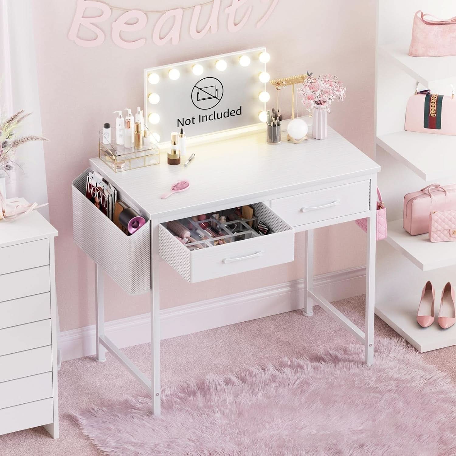 Compact white 32-inch vanity desk with two fabric storage drawers and a side organizational pouch — view 4