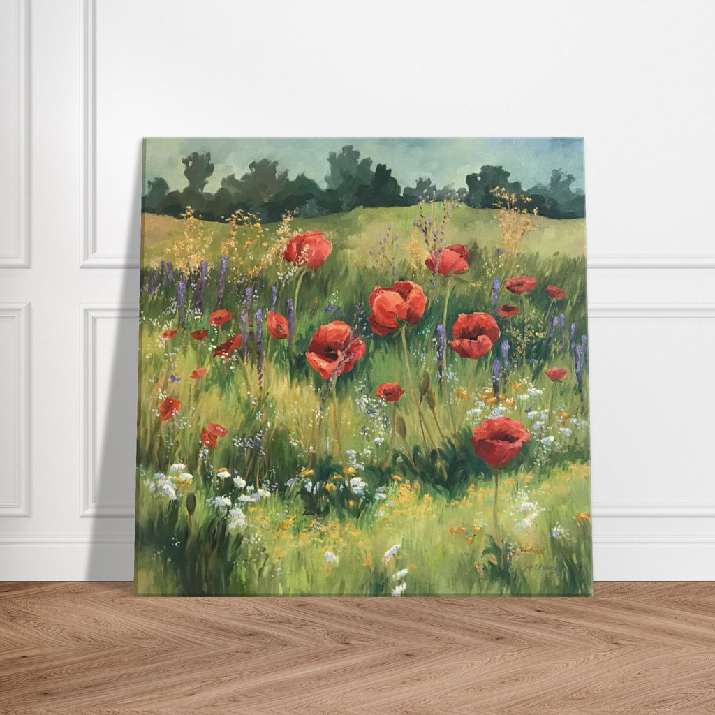 'Field of Red Poppies' Floral I 16x16 inch Art Print on Canvas I Original Artwork by American Artist Barbara Cleary-0