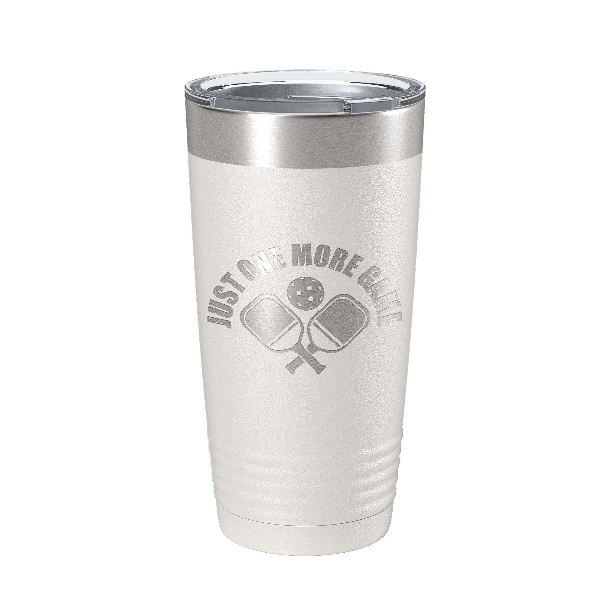 Pickleball 20oz travel tumbler in stainless steel with laser-etched design and clear sliding lid — view 2