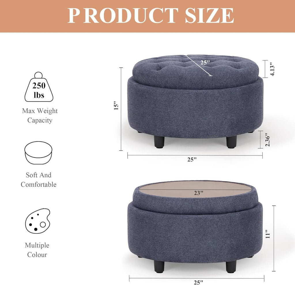 Blue upholstered circular storage ottoman with reversible wooden serving tray and hidden storage compartment — view 2