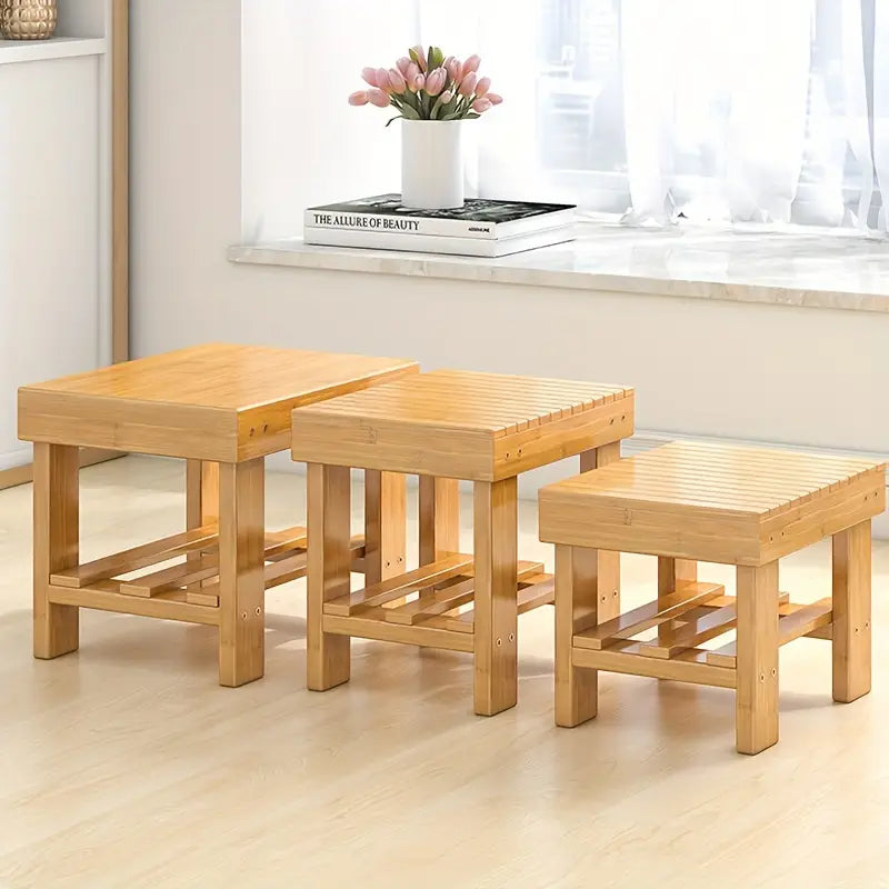 Classic bamboo storage stool, compact wooden square shoe changing bench and organizer. — view 2