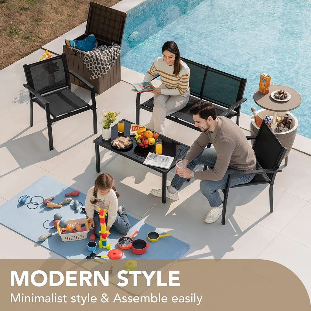 Black 4-piece outdoor patio furniture set with textilene chairs and tempered glass coffee table — view 4