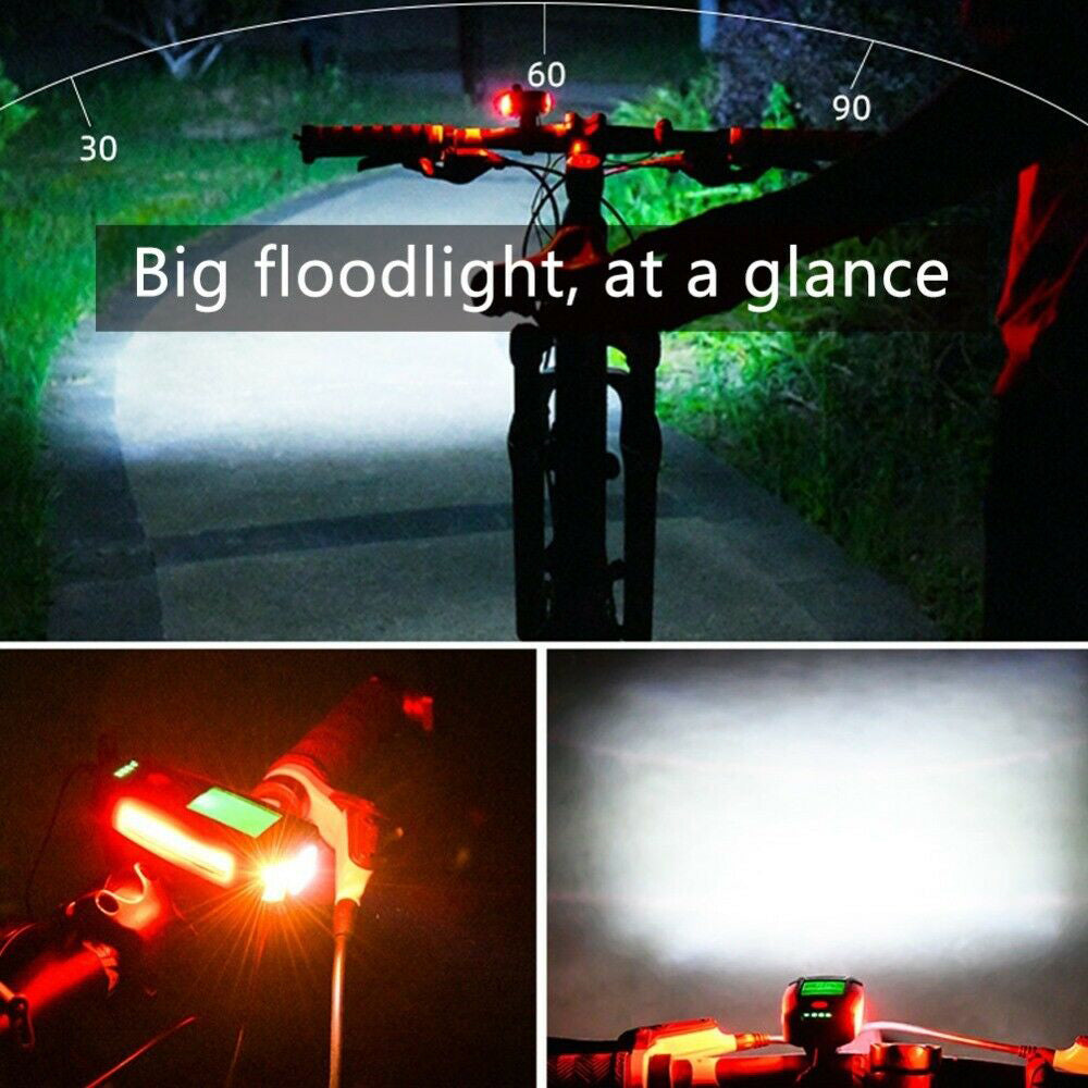 Black LED bicycle headlight with LCD speedometer screen and horn attachment for safe outdoor cycling — view 5