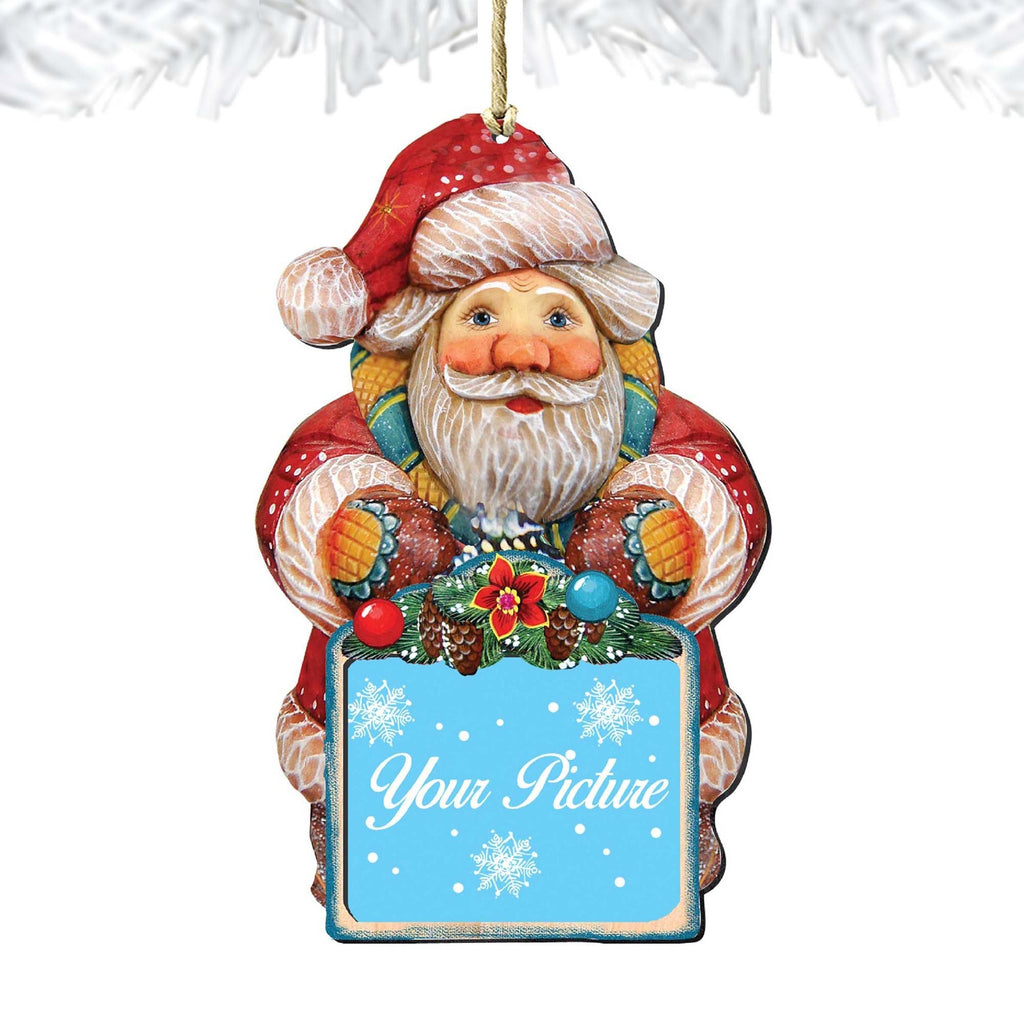 Wooden Santa and snowman Christmas picture frame ornament displaying a small photograph, crafted from birch. — view 4