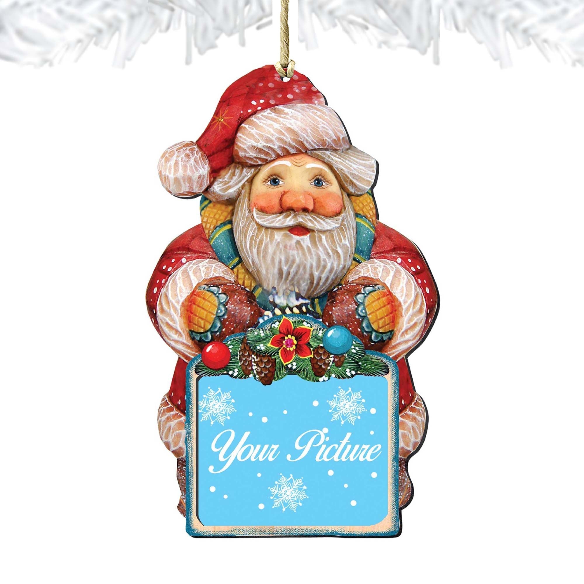 Wooden Santa and snowman Christmas picture frame ornament displaying a small photograph, crafted from birch. — view 4