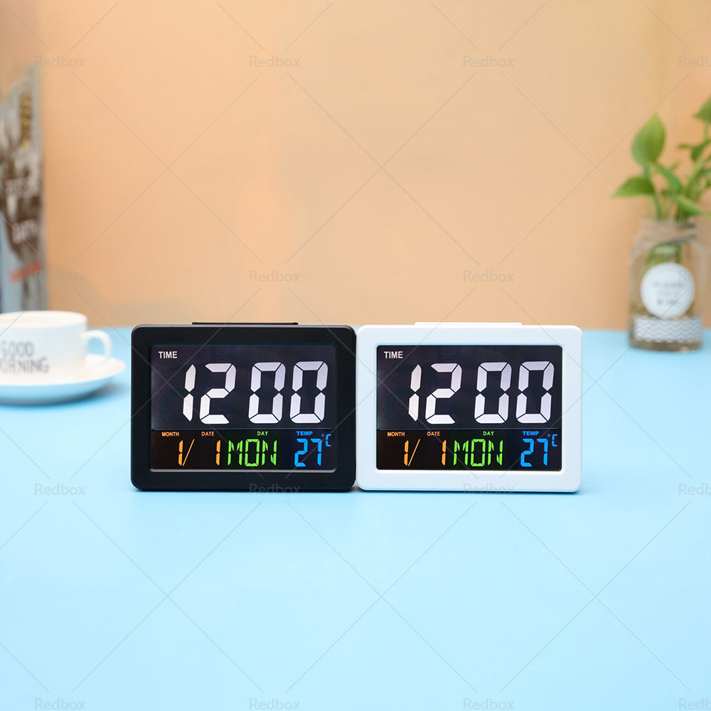 Large white digital LED wall and desk clock displaying time date and temperature — view 5