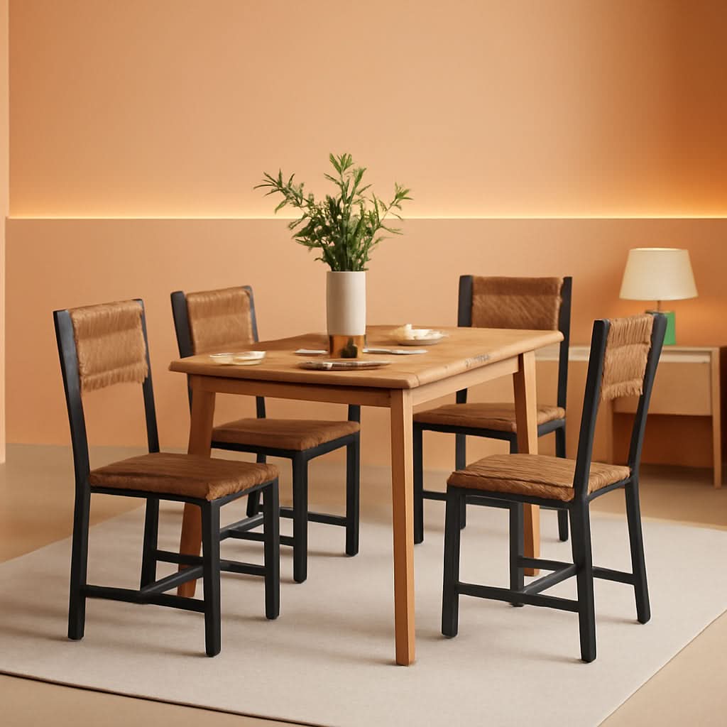 Four rustic brown wooden dining chairs with black industrial metal frames and ergonomic angled backrests