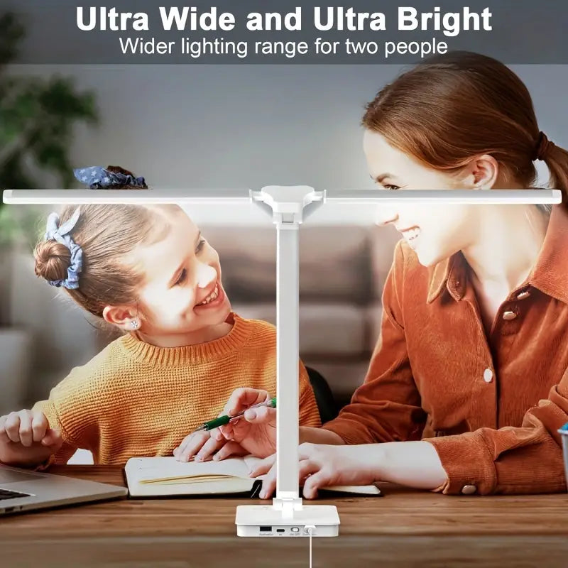 White modern adjustable folding LED desk lamp with double arms and square shade on a desk — view 2