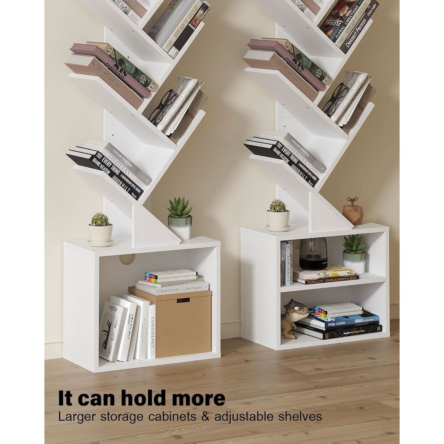 White 6-tier tree bookshelf with storage cabinets, narrow floor-standing bookcase for living rooms. — view 4
