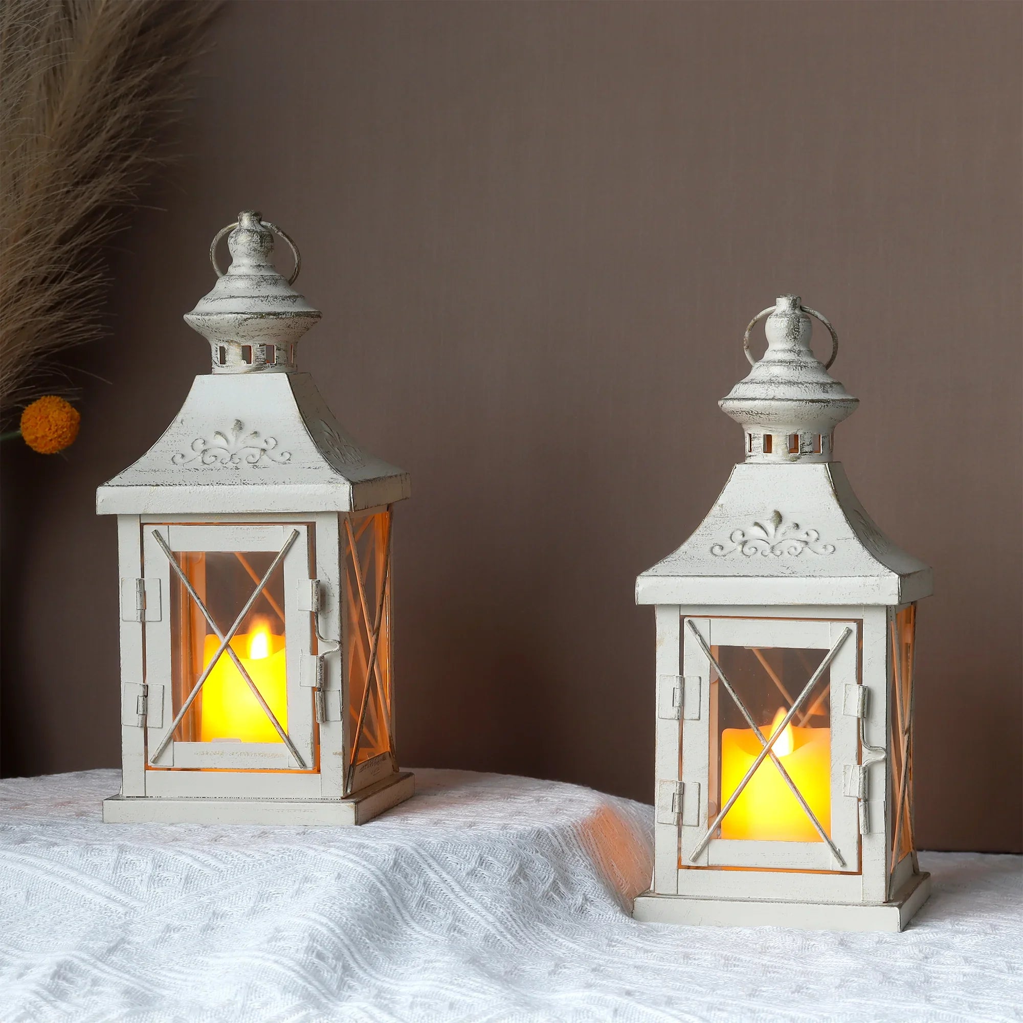 Set of two 11-inch white and gold brushed metal decorative candle lanterns with tempered glass panels — view 3