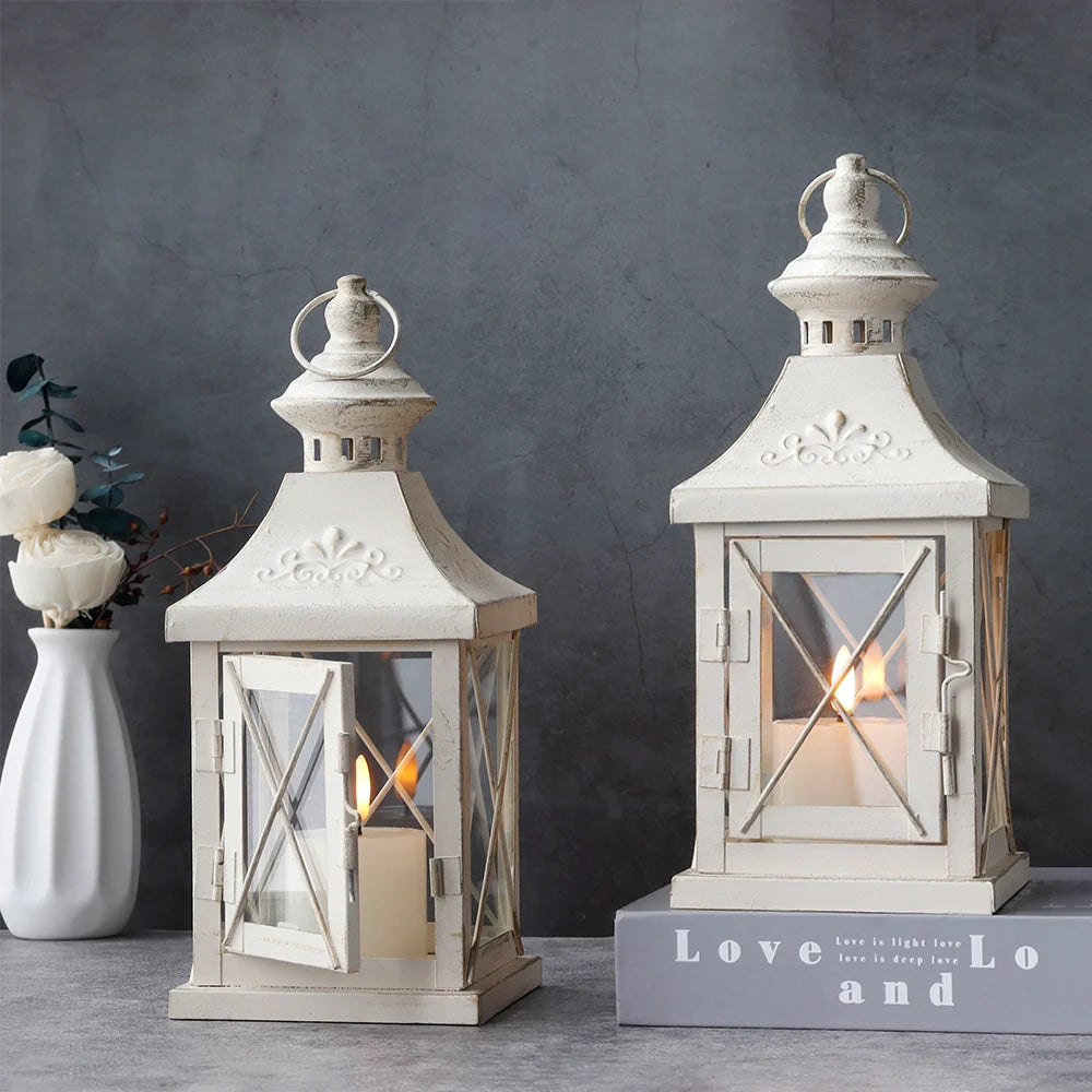 Set of two 11-inch white and gold brushed metal decorative candle lanterns with tempered glass panels — view 4