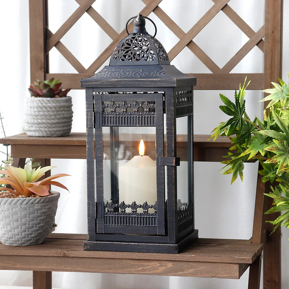 Vintage 14.5 inch black and gold distressed metal candle lantern with clear tempered glass panes — view 4