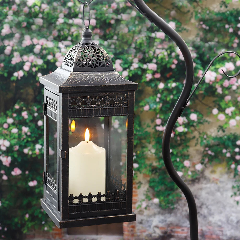 Vintage 14.5 inch black and gold distressed metal candle lantern with clear tempered glass panes — view 3