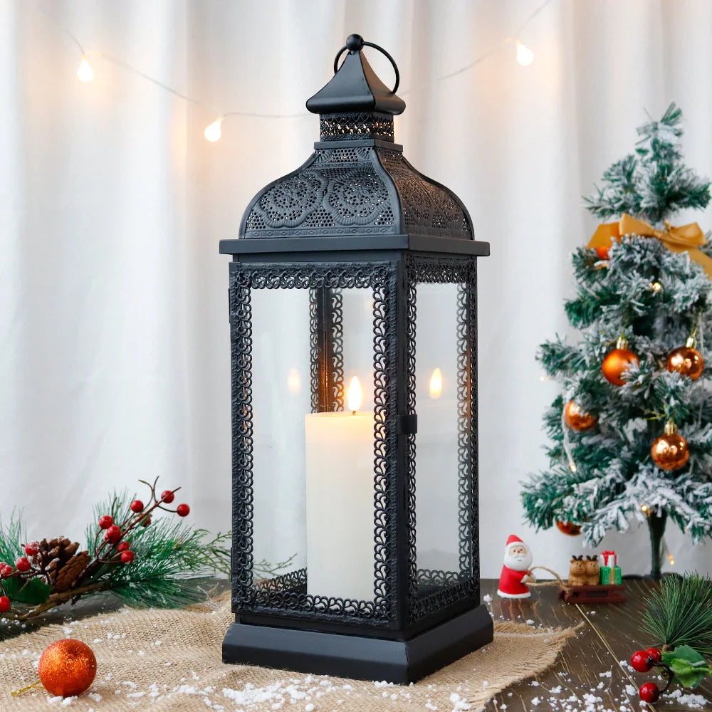 19 inch tall black rustic metal candle lantern with tempered glass panels and top hanging ring — view 5