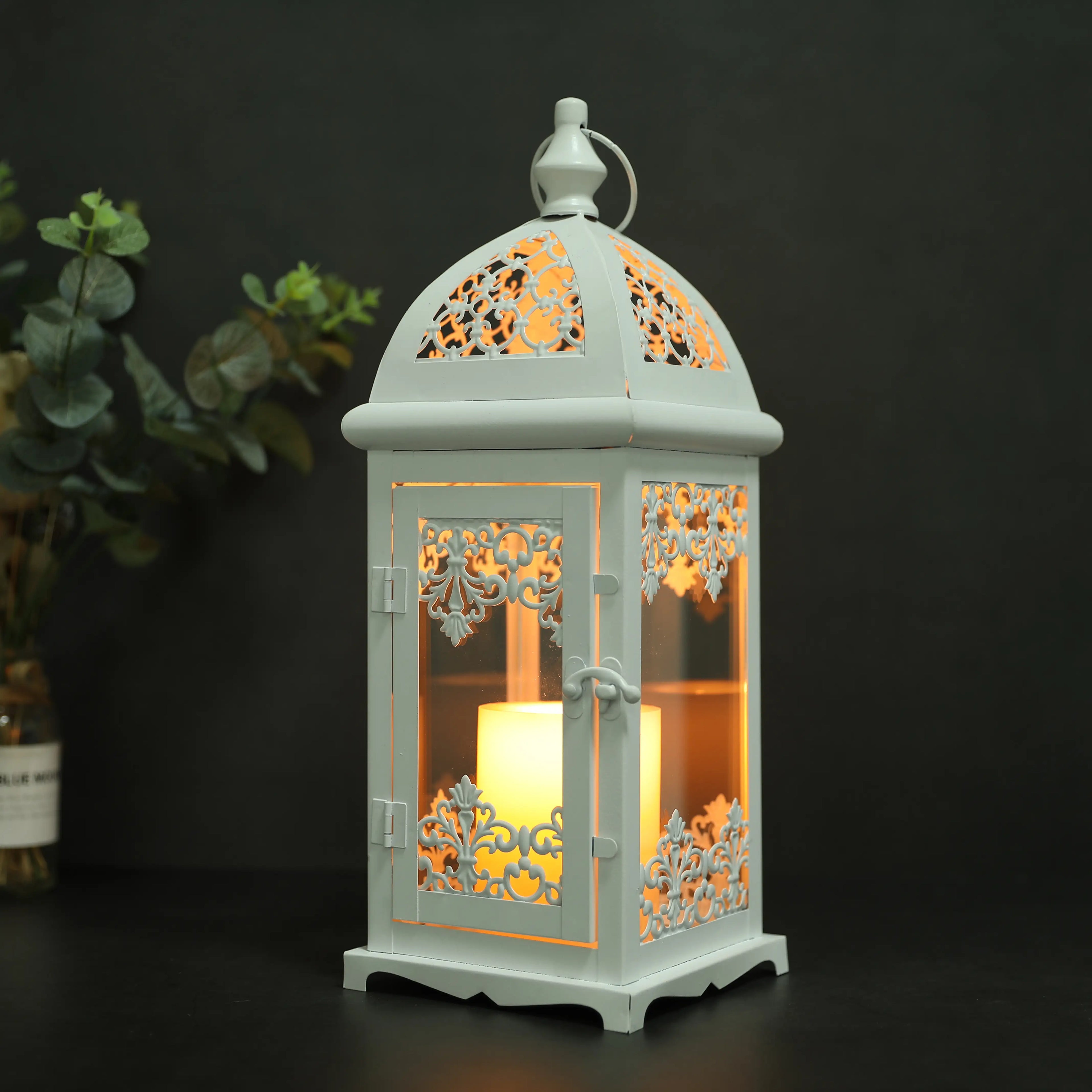 15-inch decorative candle lantern in white metal with red accents for indoor and outdoor use