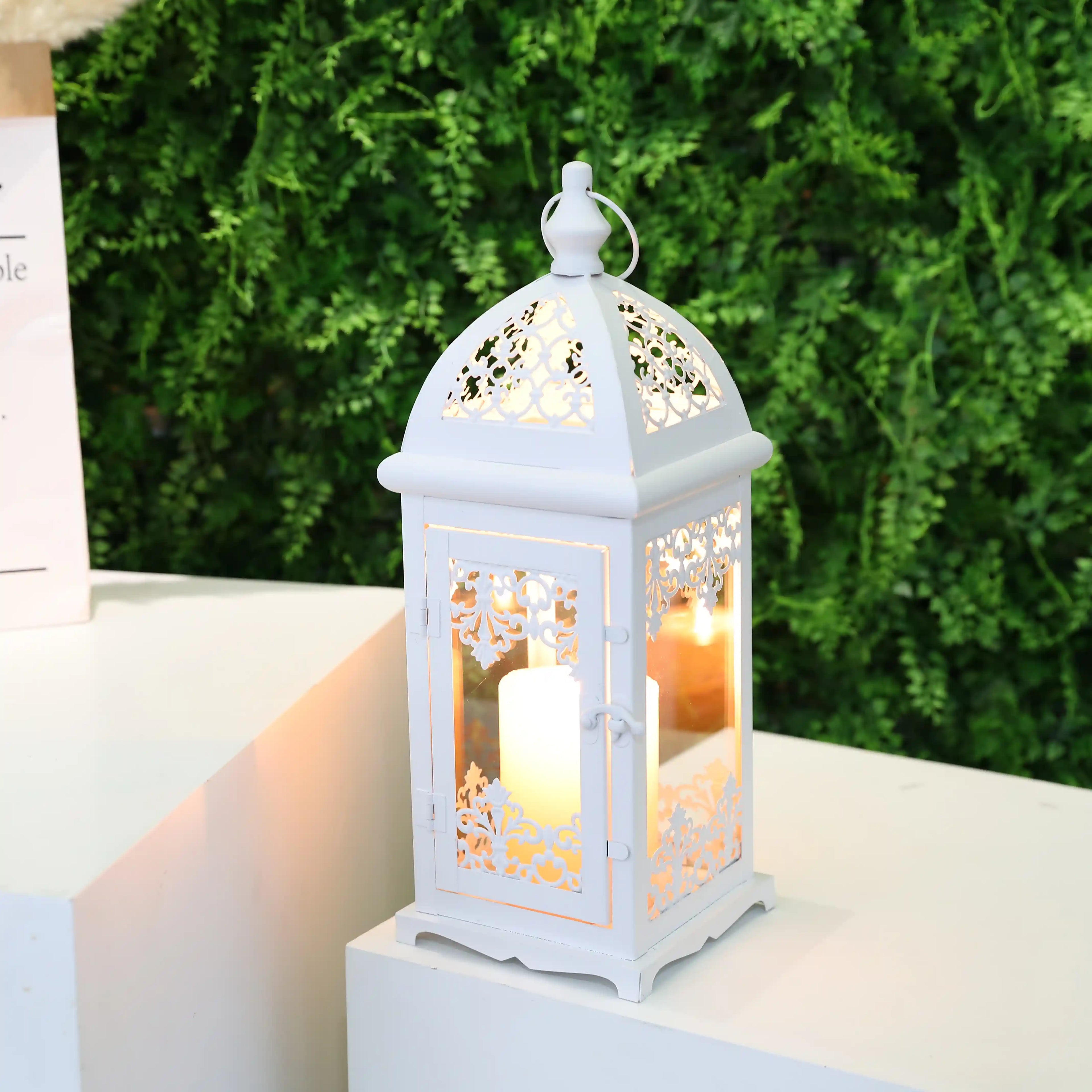 15-inch decorative candle lantern in white metal with red accents for indoor and outdoor use — view 2