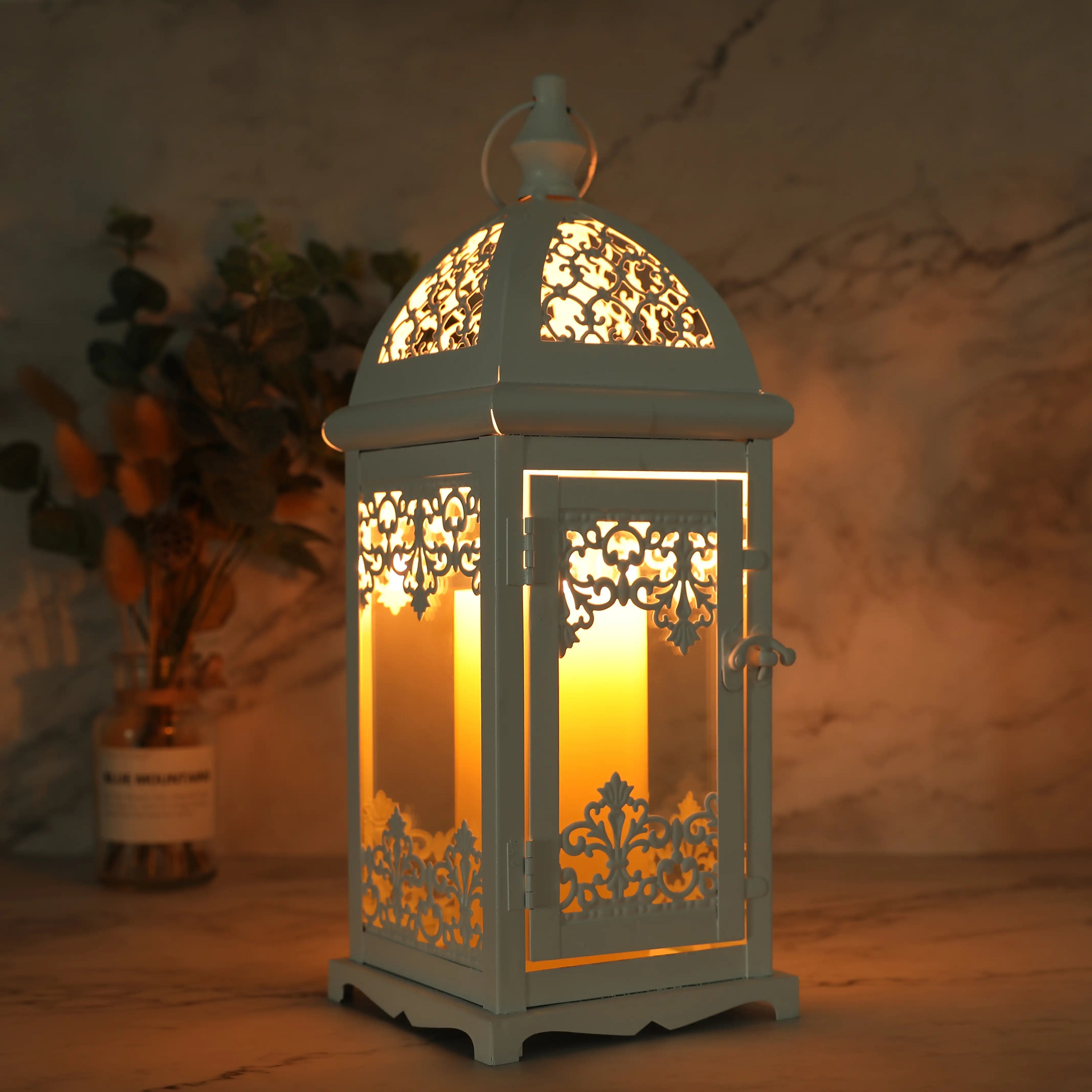 15-inch decorative candle lantern in white metal with red accents for indoor and outdoor use — view 3