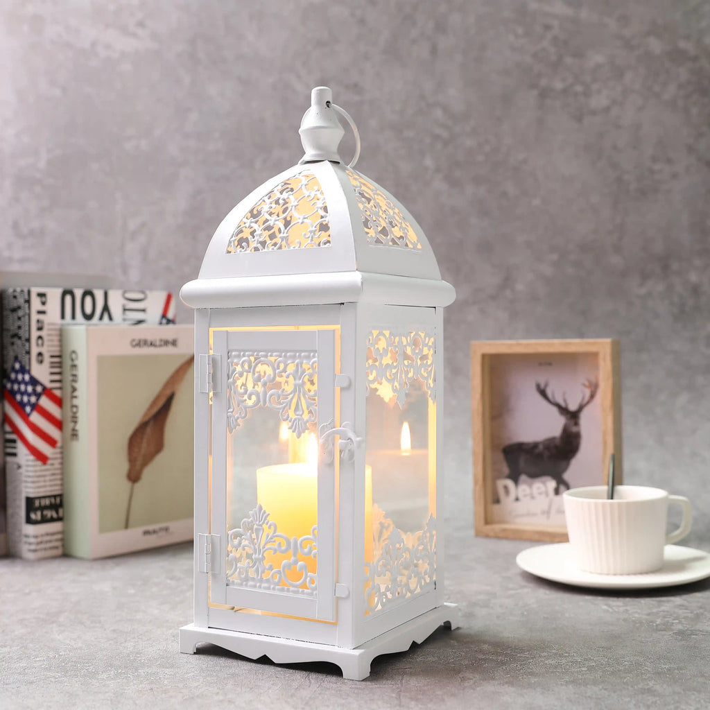 15-inch decorative candle lantern in white metal with red accents for indoor and outdoor use — view 4