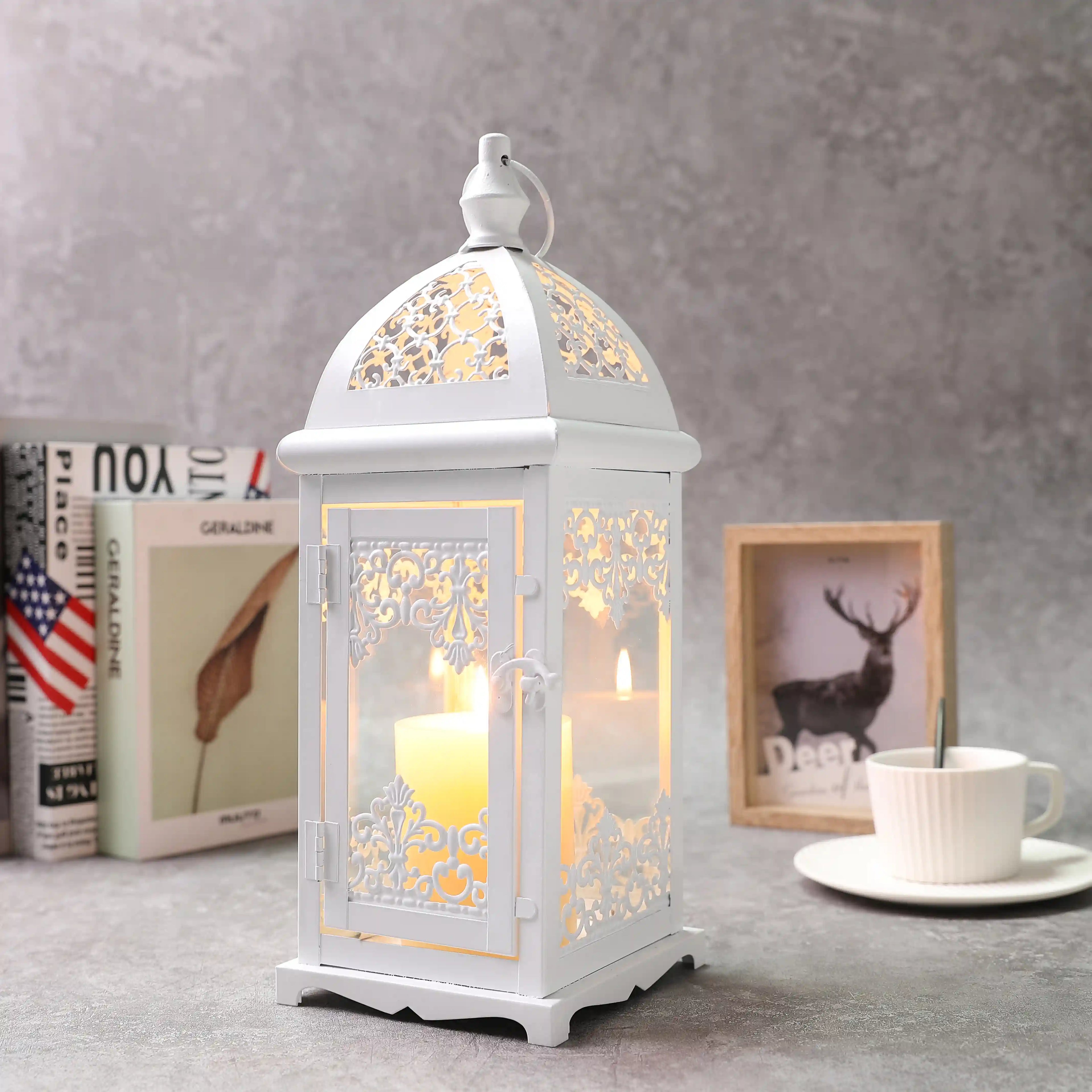 15-inch decorative candle lantern in white metal with red accents for indoor and outdoor use — view 4