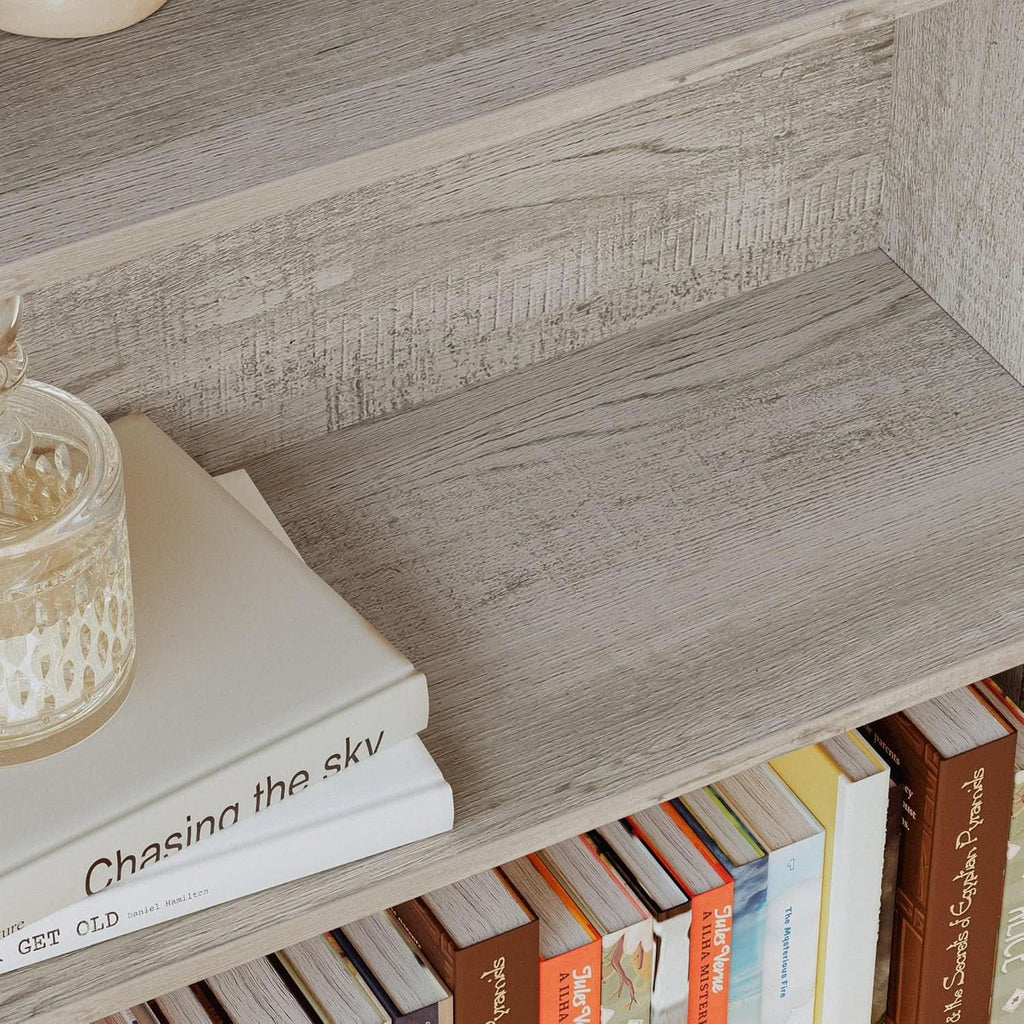 Tall 70-inch industrial bookcase in beige maple with six shelves and farmhouse style lower cabinet doors — view 5