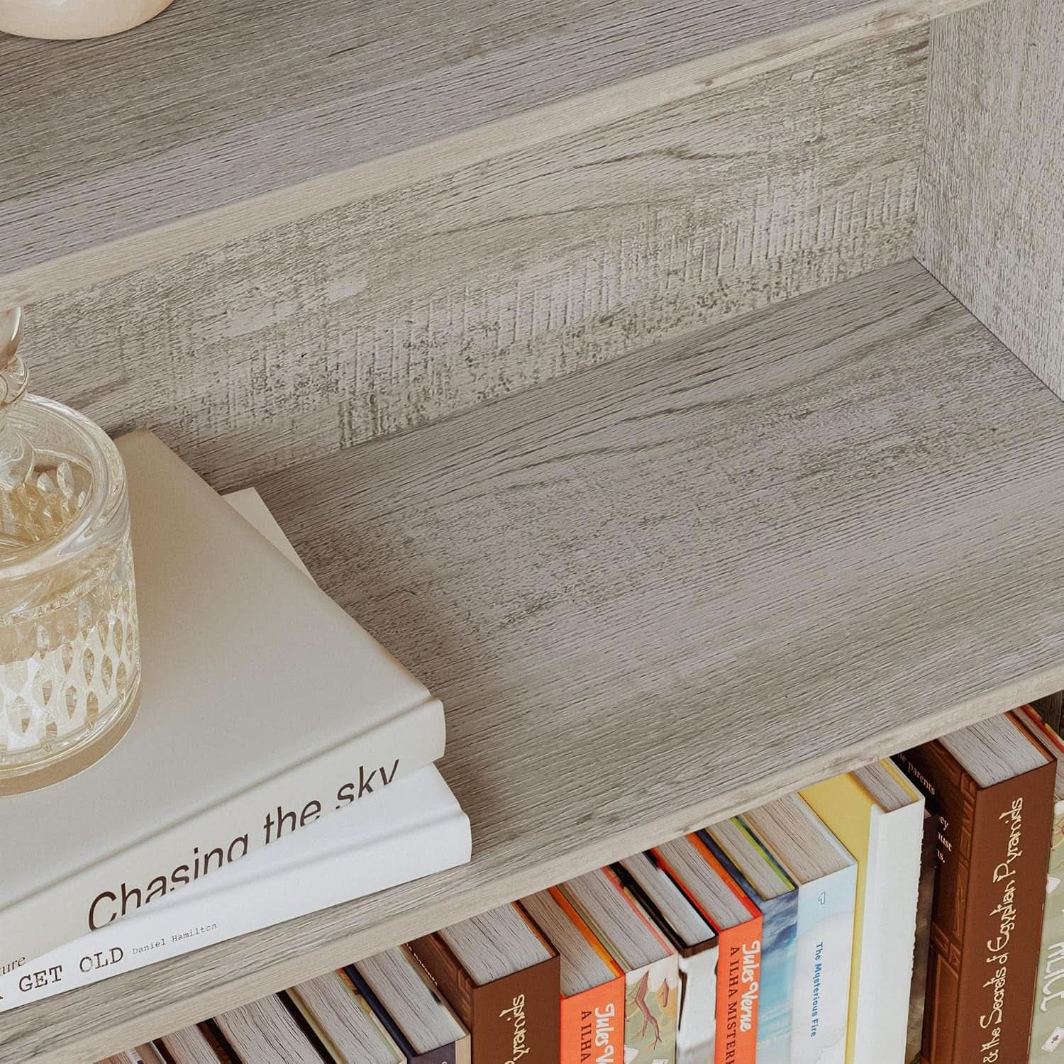 Tall 70-inch industrial bookcase in beige maple with six shelves and farmhouse style lower cabinet doors — view 5