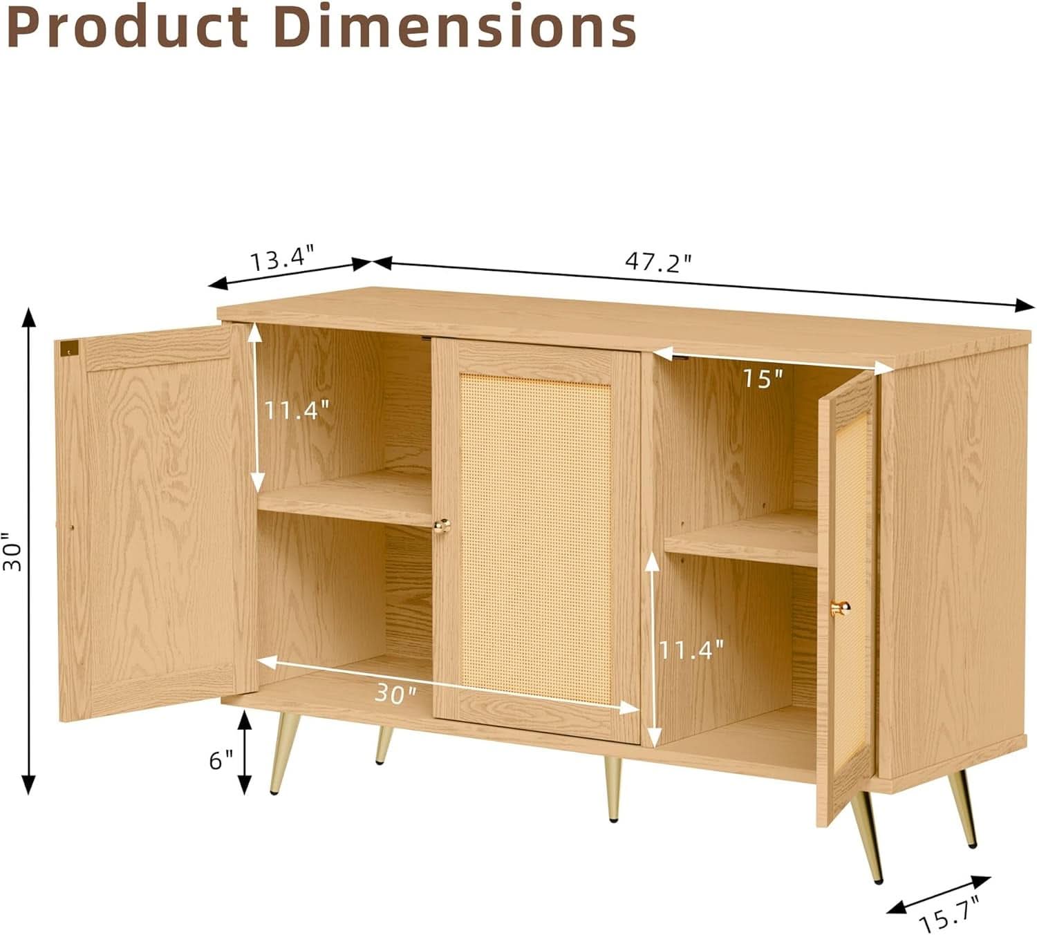 Natural rattan buffet cabinet pair with woven doors, gold handles, and adjustable shelves — view 2
