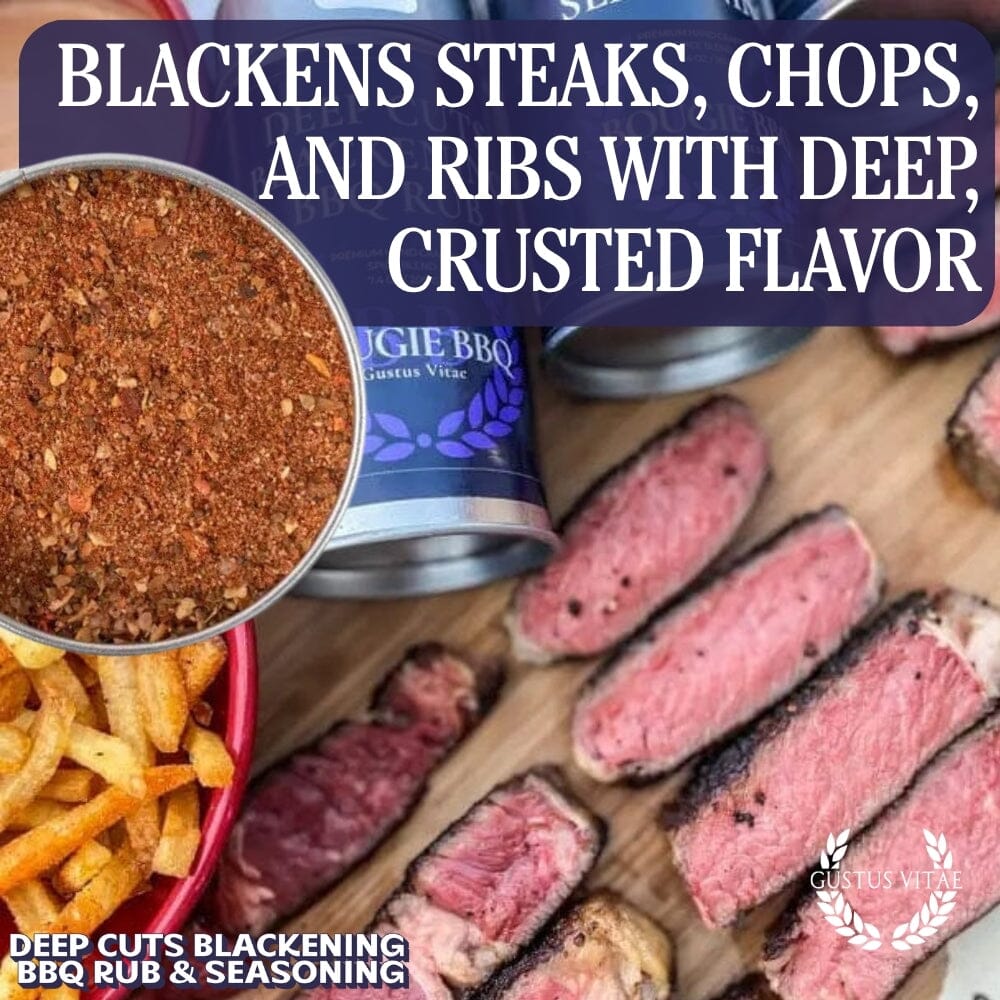 Deep cuts blackening BBQ rub and seasoning in a metallic tin with natural artisan spices — view 4