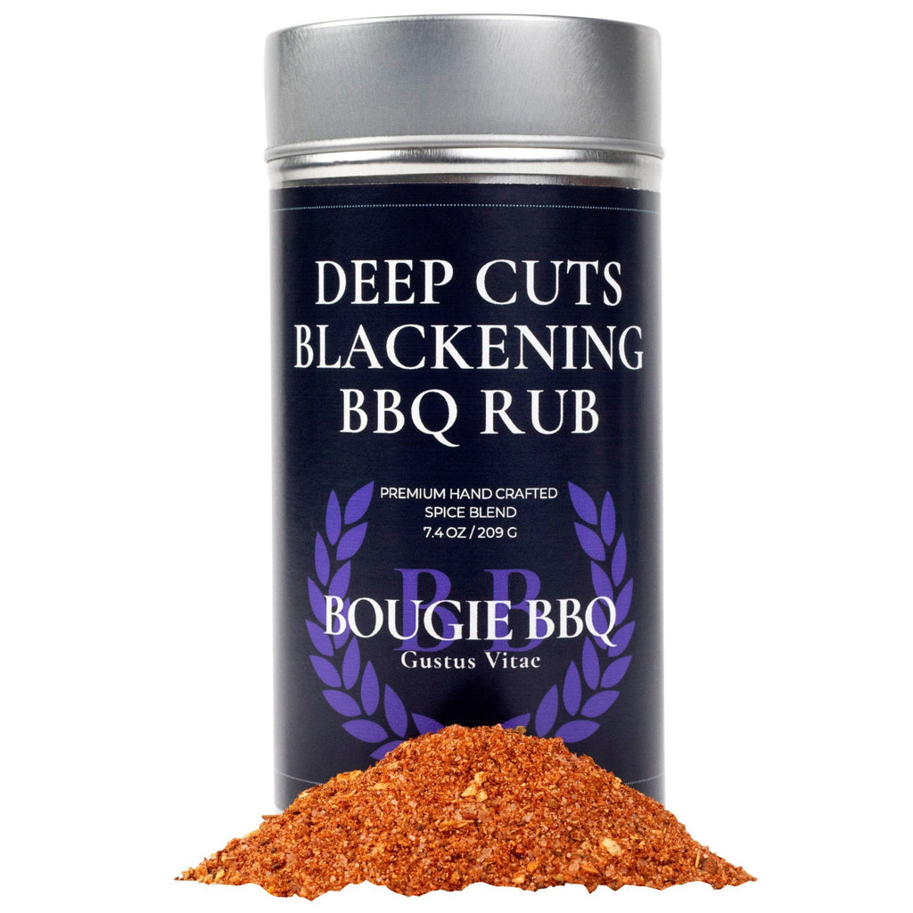 Deep cuts blackening BBQ rub and seasoning in a metallic tin with natural artisan spices