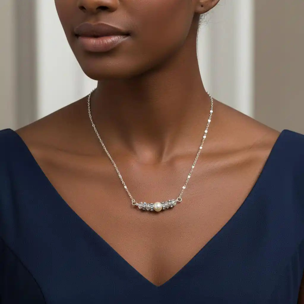 Silver Swarovski Crystal Pearl Bar Bridal Necklace-4