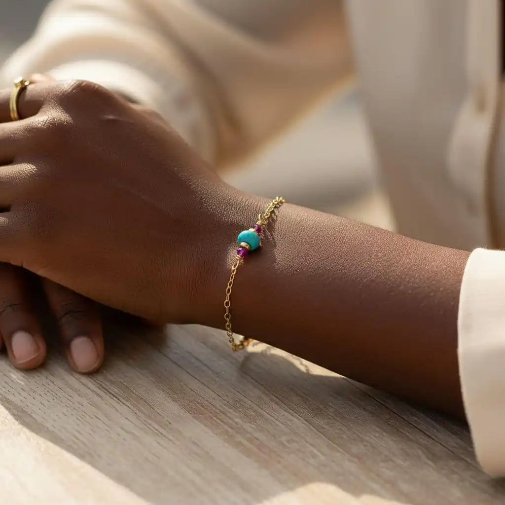14K Gold Filled Pink and Turquoise Gemstone Dainty Bracelet-3