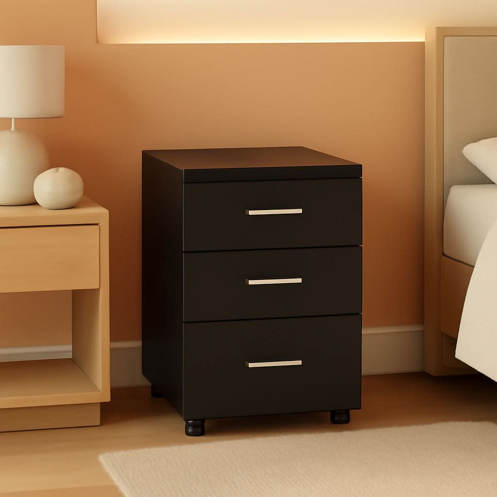 Black wood three drawer mobile file cabinet with rolling casters for home office organization