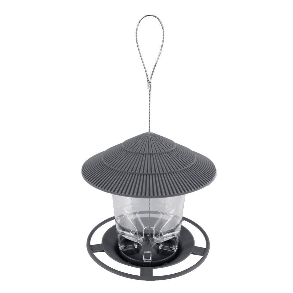 Deluxe hanging metal bird feeder with hexagonal sloping roof and clear plastic seed dispenser body — view 3