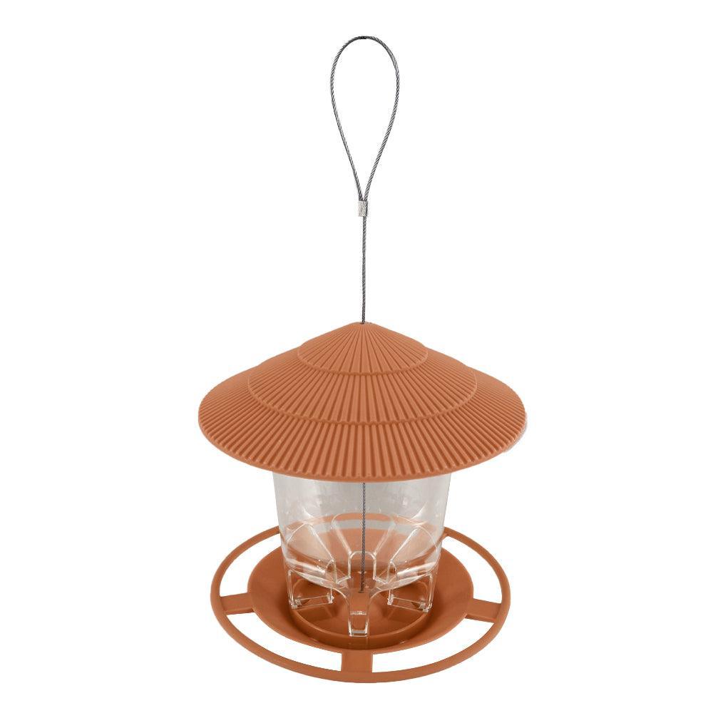 Deluxe hanging metal bird feeder with hexagonal sloping roof and clear plastic seed dispenser body — view 5