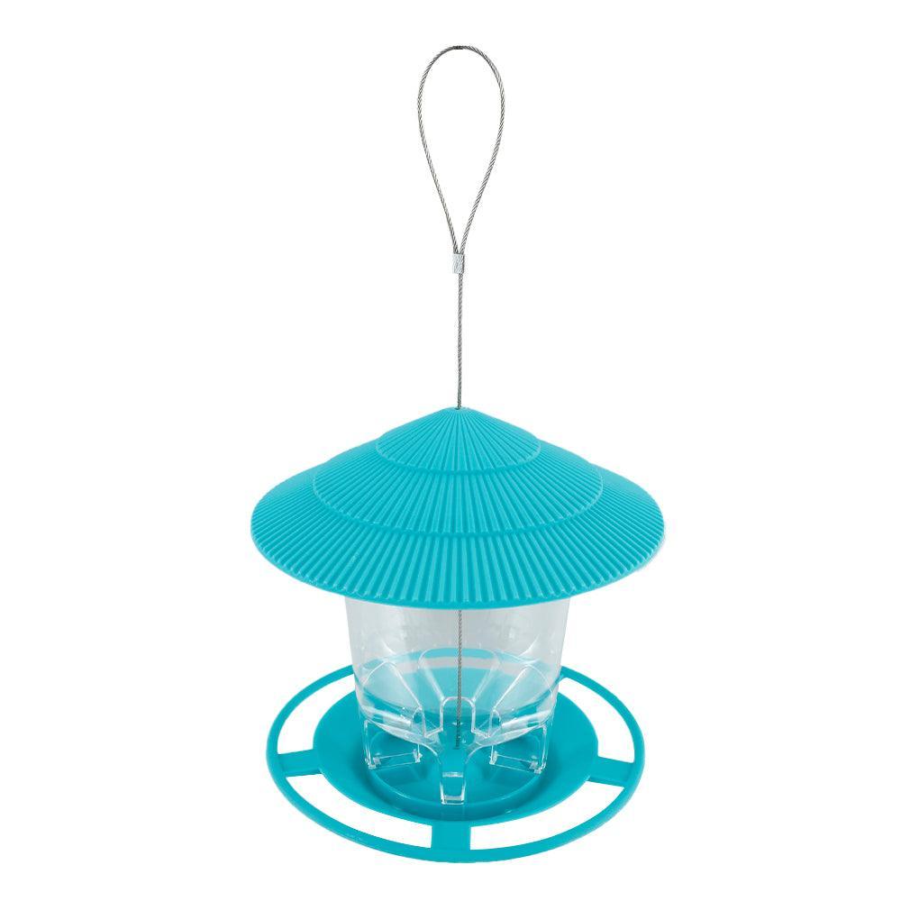 Deluxe hanging metal bird feeder with hexagonal sloping roof and clear plastic seed dispenser body — view 2