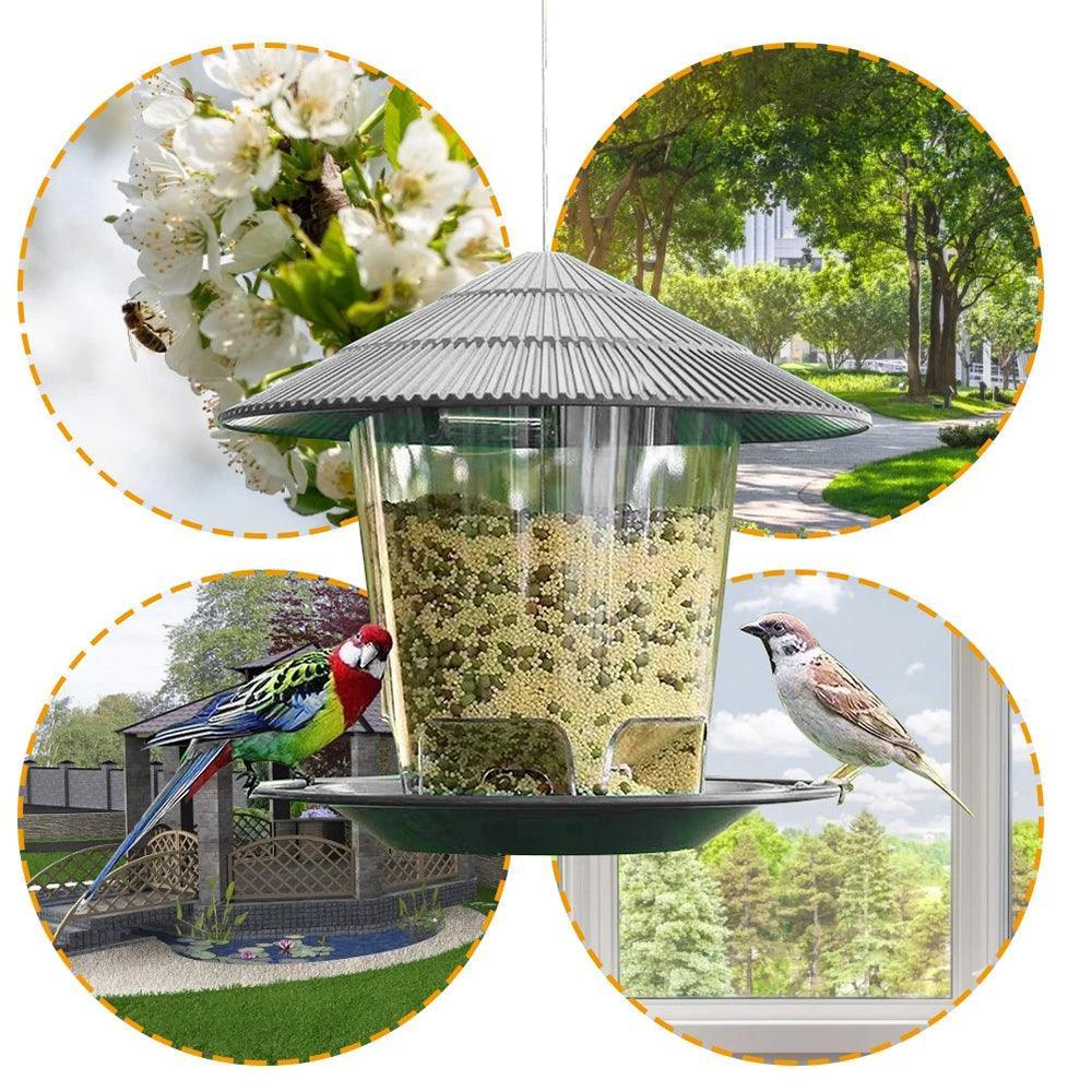 Deluxe hanging metal bird feeder with hexagonal sloping roof and clear plastic seed dispenser body — view 4