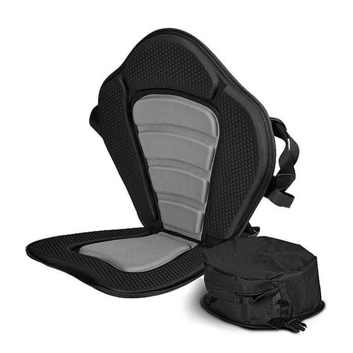 Deluxe black kayak seat featuring brass connecting snaps and an attached water-resistant rear storage backpack — view 3