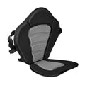 Deluxe black kayak seat featuring brass connecting snaps and an attached water-resistant rear storage backpack