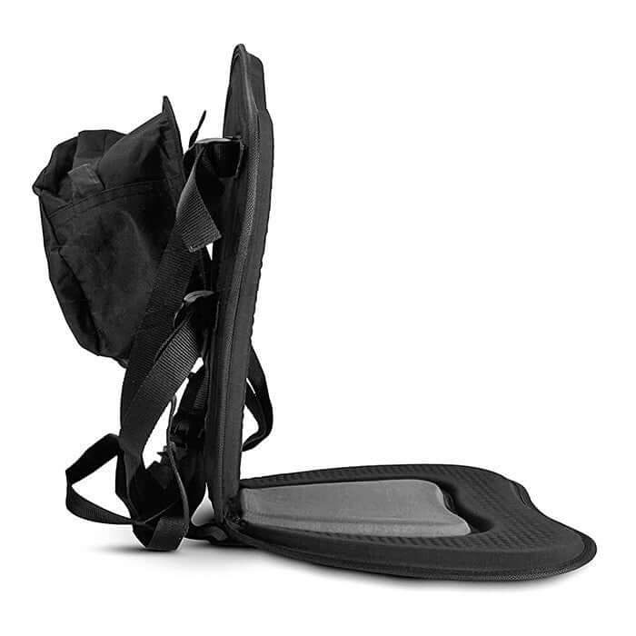 Deluxe black kayak seat featuring brass connecting snaps and an attached water-resistant rear storage backpack — view 4
