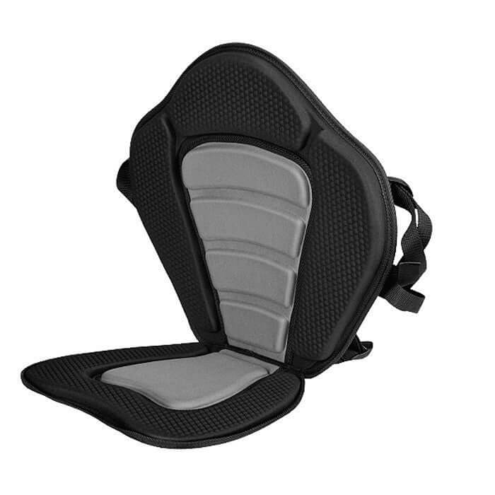 Deluxe black kayak seat featuring brass connecting snaps and an attached water-resistant rear storage backpack — view 2