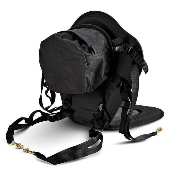 Deluxe black kayak seat featuring brass connecting snaps and an attached water-resistant rear storage backpack — view 5