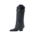 Denim buckle foldover knee high boots with pointed toe, slouchy shaft, and frayed hem detail.