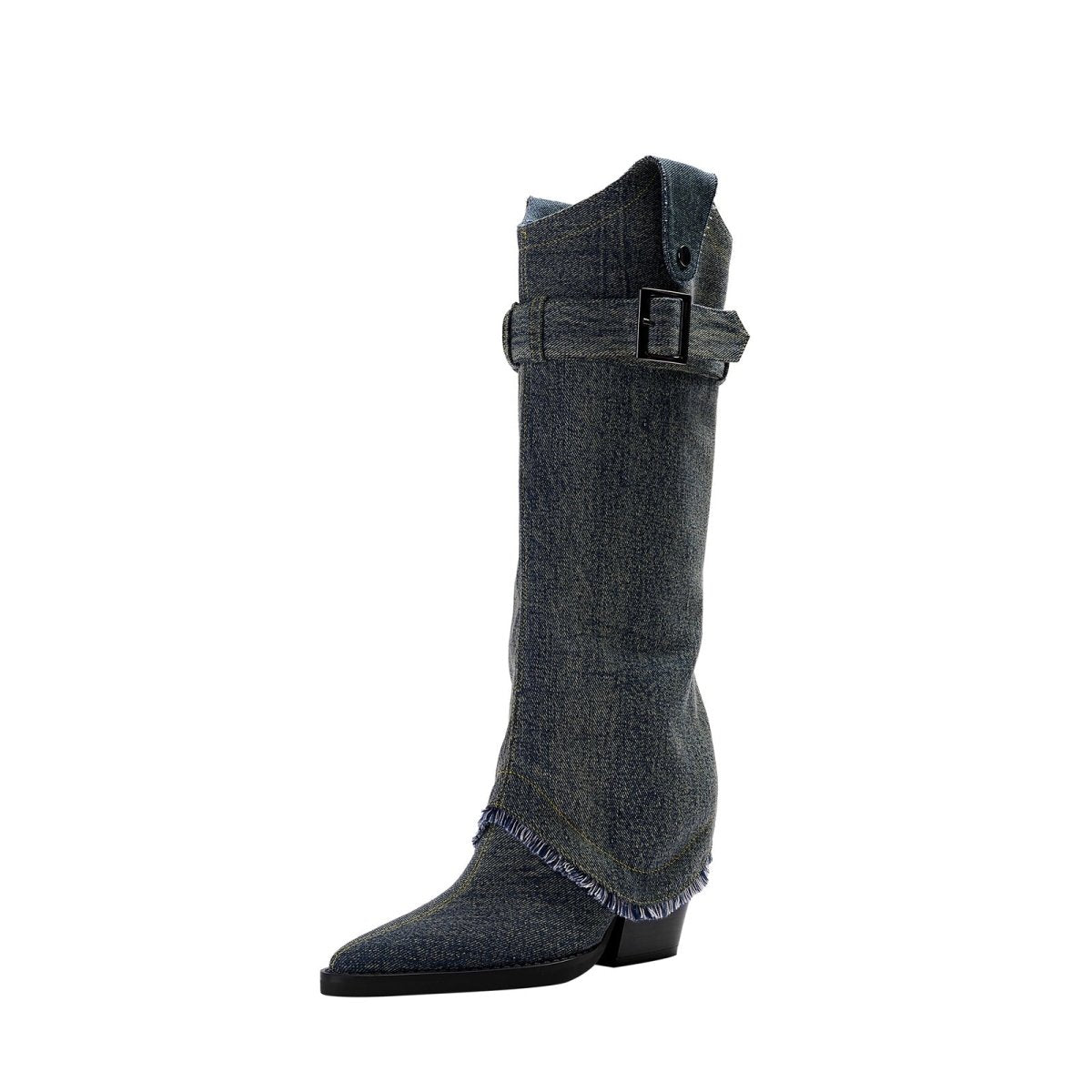 Denim buckle foldover knee high boots with pointed toe, slouchy shaft, and frayed hem detail. — view 3