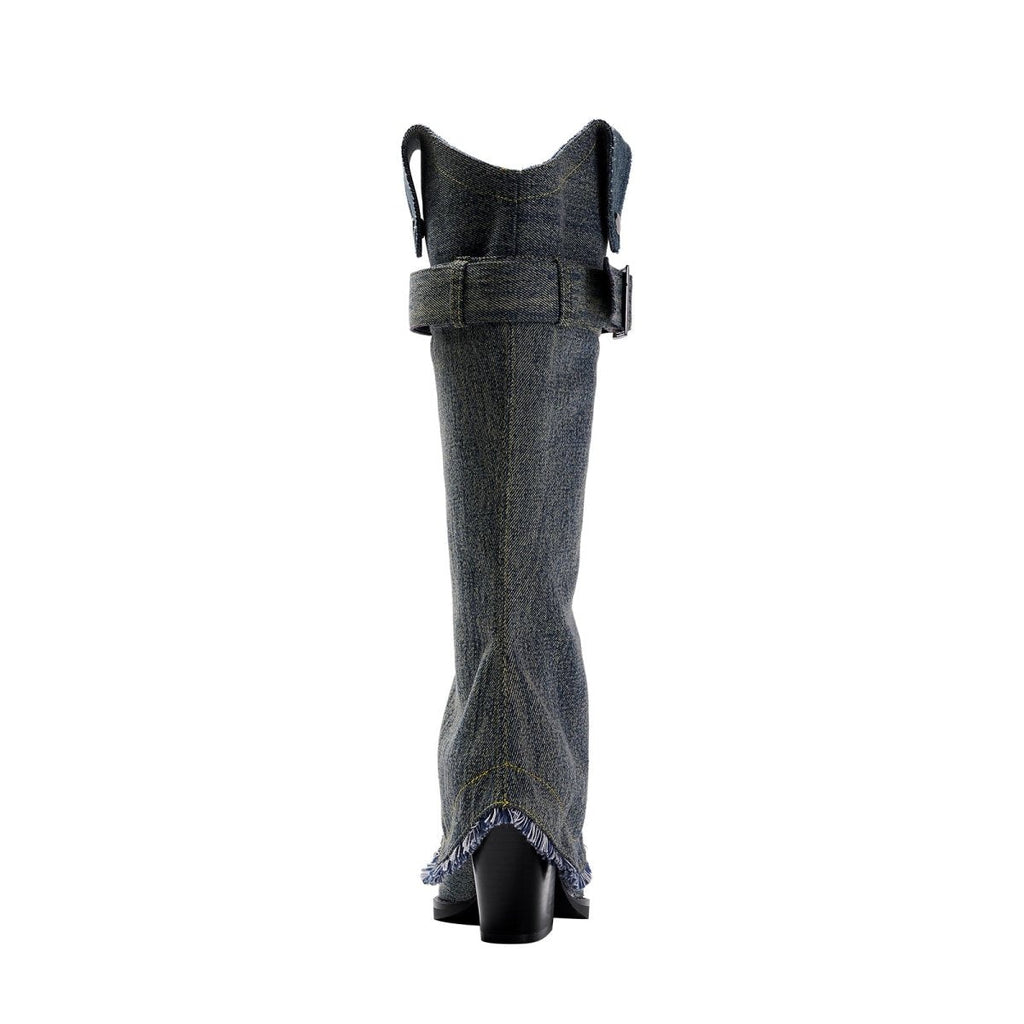 Denim buckle foldover knee high boots with pointed toe, slouchy shaft, and frayed hem detail. — view 4