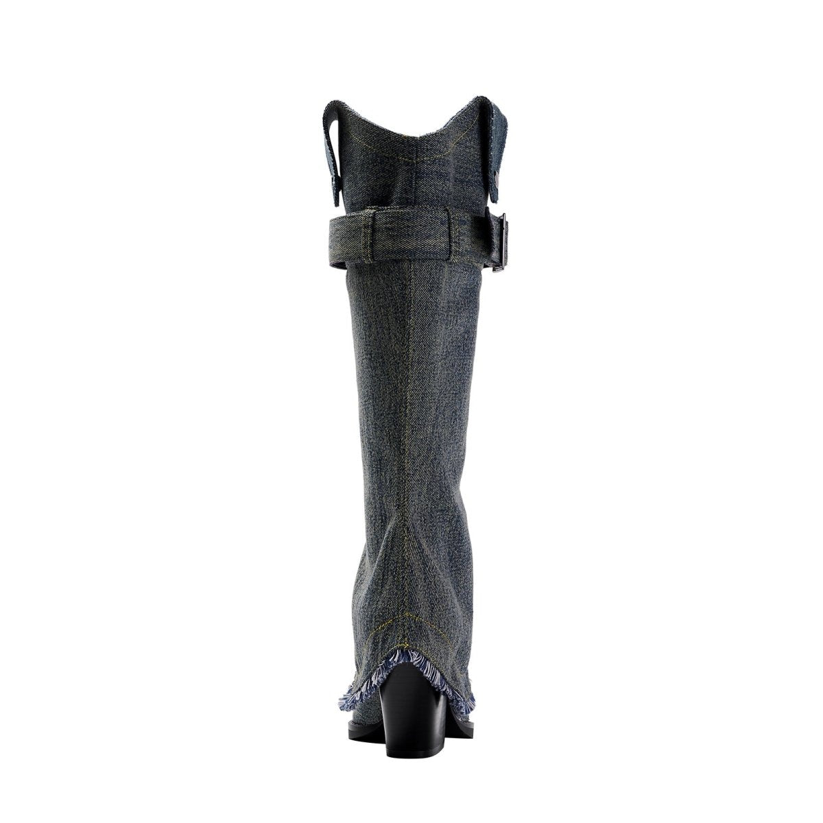 Denim buckle foldover knee high boots with pointed toe, slouchy shaft, and frayed hem detail. — view 4