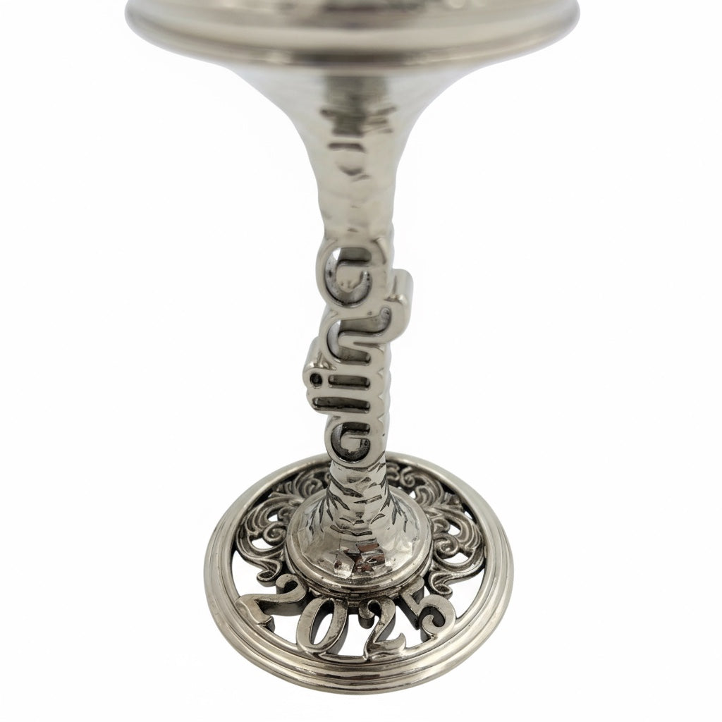 Personalized clear borosilicate wine glass set featuring uniquely engraved metallic electro-formed stems and custom bases — view 5