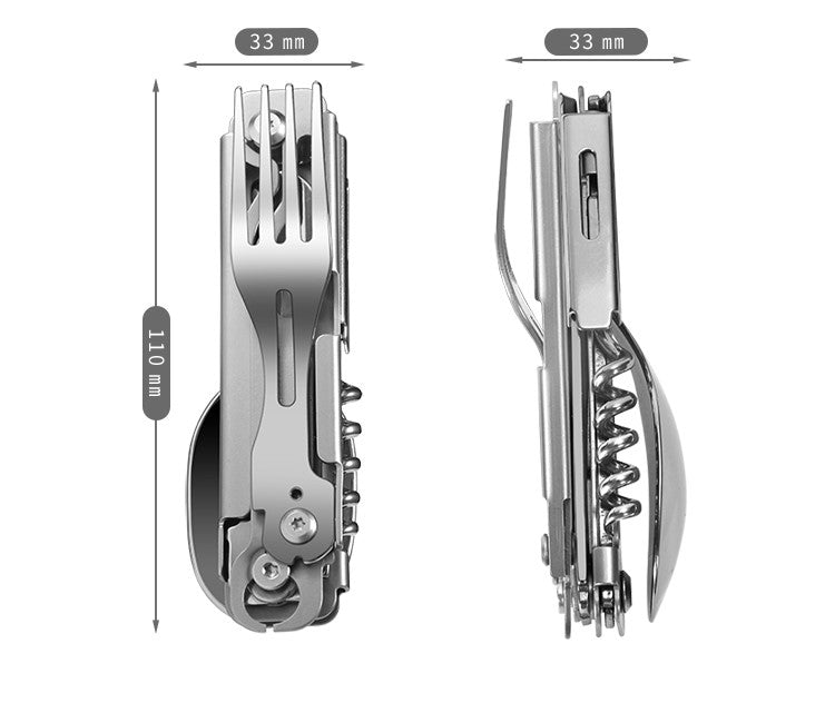 Stainless steel folding camping cutlery multitool featuring a built-in spoon, fork, knife, and corkscrew. — view 4